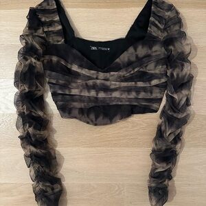 Zara Women's Sheer Black and Brown Blouse